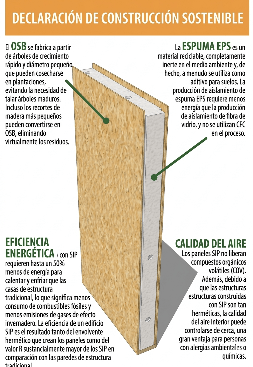 Infografía del panel SIP mostrando composición: tableros OSB exterior e interior con núcleo de espuma EPS